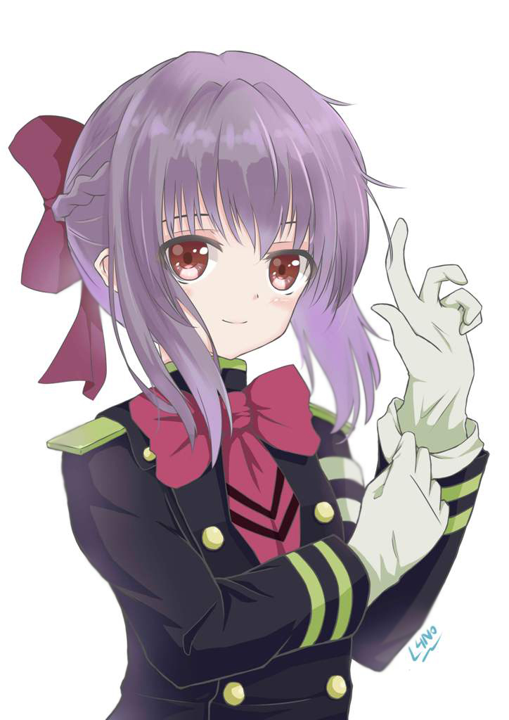 1girl, bow, bowtie, brown_eyes, gloves, hair_ribbon, hiiragi_shinoa, l4no