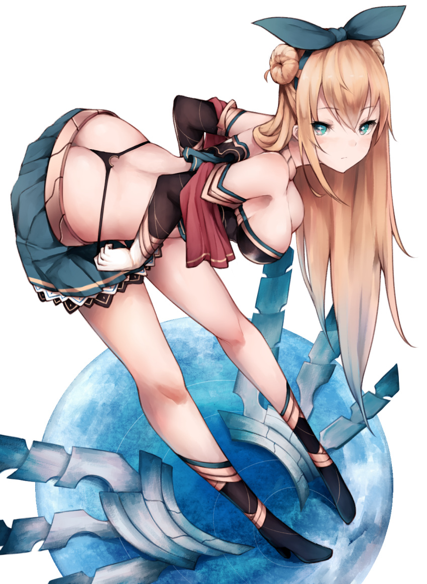 1girl, :/, aqua_eyes, ass, black_gloves, blonde_hair, blue_ribbon, blue_skirt