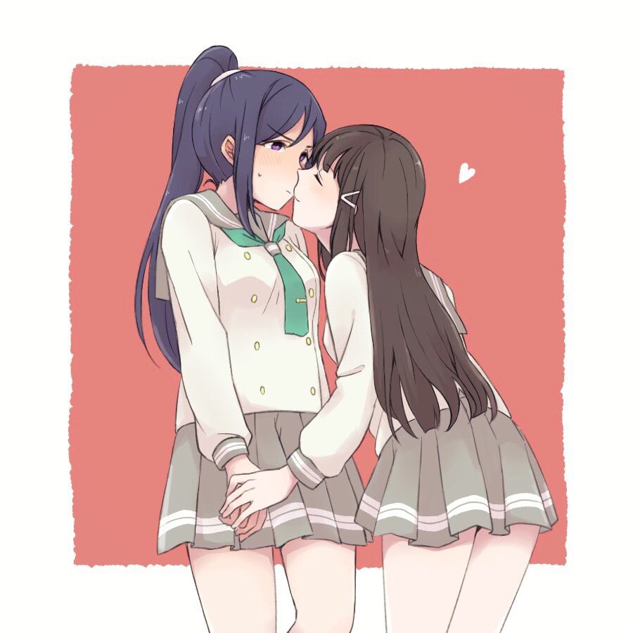 2girls, black_hair, blue_hair, blush, closed_eyes, grey_skirt, heart, holding_hand, kiss, kurosawa_dia, long_hair, love_live!, love_live!_sunshine!!, matsuura_kanan, multiple_girls, my_234_wht, ponytail, skirt, sweat, violet_eyes, yuri