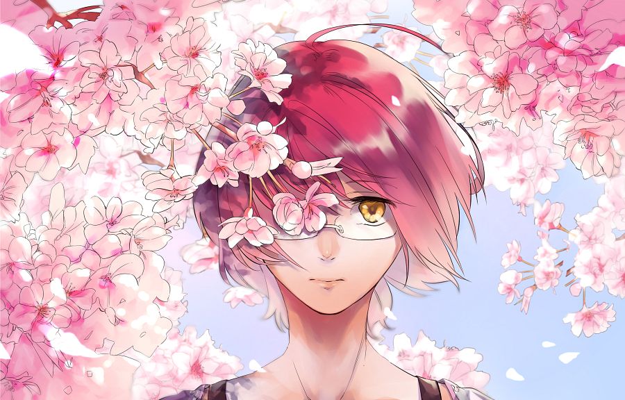 1boy, cherry_blossoms, closed_mouth, glasses, gowther, male_focus, microphone, nanatsu_no_taizai