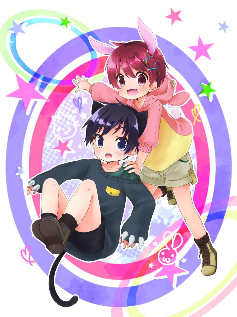 2boys, animal_ears, animal_hood, blue_eyes, blue_hair, bunny_hood, bunny_tail, cat_ears, hair_ornament, highres, hikari1989, multiple_boys, original, pink_eyes, pink_hair, rabbit_ears, shorts, sweater, tail, x_hair_ornament
