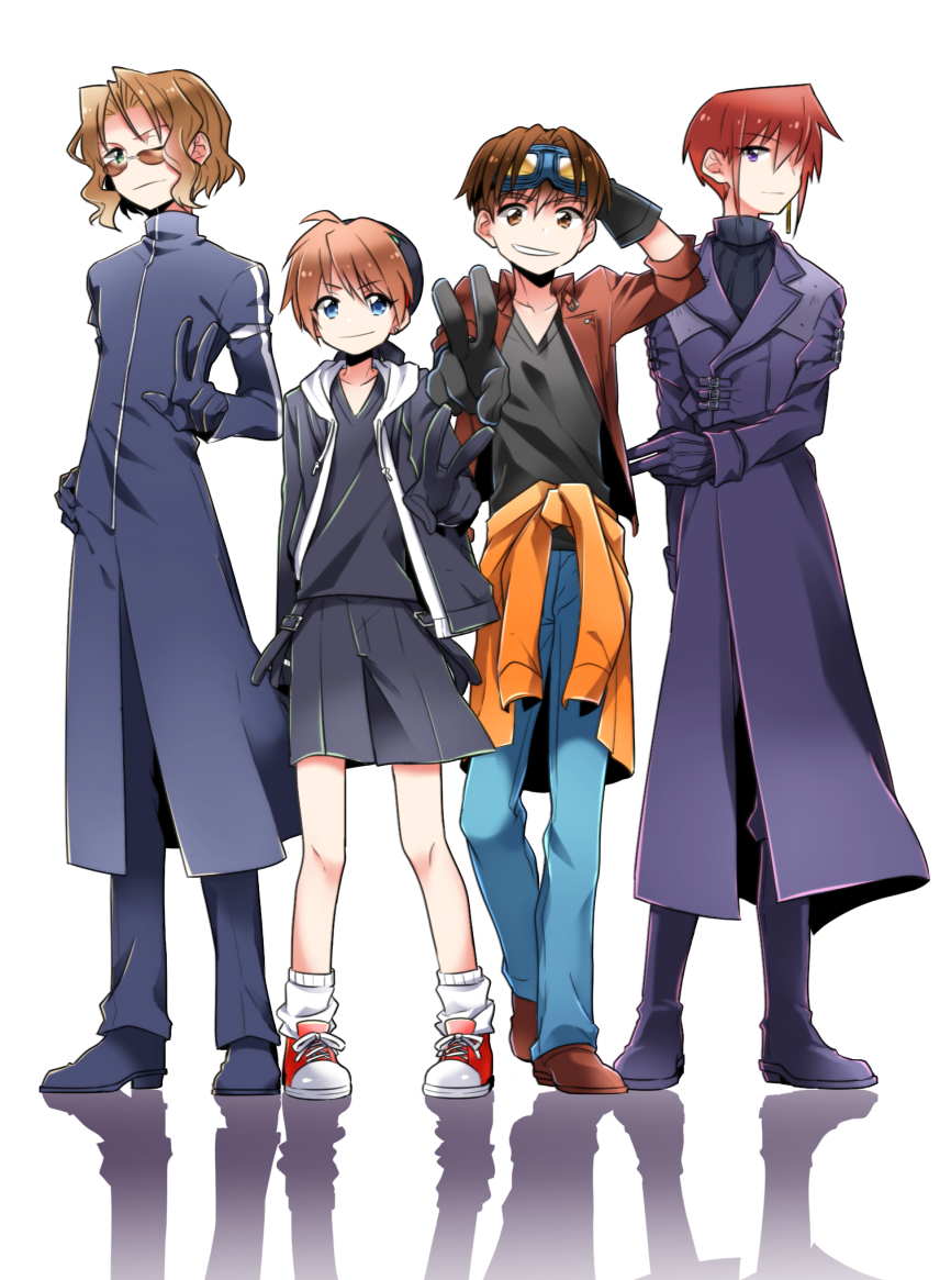 4boys, black_gloves, blue_eyes, brown_eyes, brown_hair, fujimiya_ran, gloves, goggles, goggles_on_head, hidaka_ken, kudou_youji, multiple_boys, pkbr, redhead, ribbed_sweater, sunglasses, sweater, trench_coat, tsukiyono_omi, turtleneck, v, weiss_kreuz