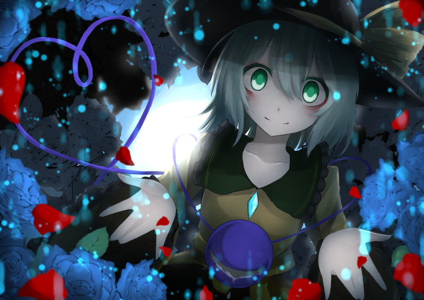 aizettonagi, black_hat, blouse, blue_rose, collared_shirt, crying, flower, frilled_sleeves