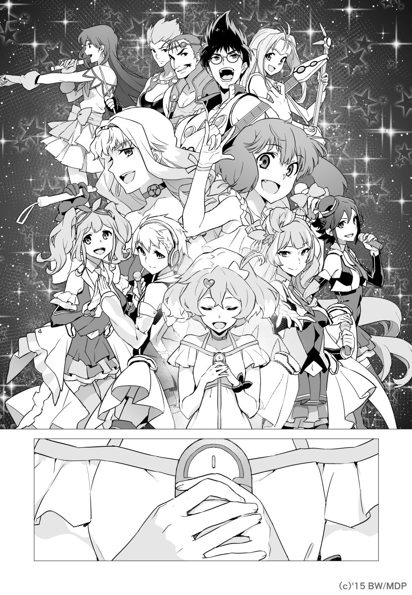 6+girls, comic, fire_bomber, freyja_wion, guitar, hairband, headphones, highres