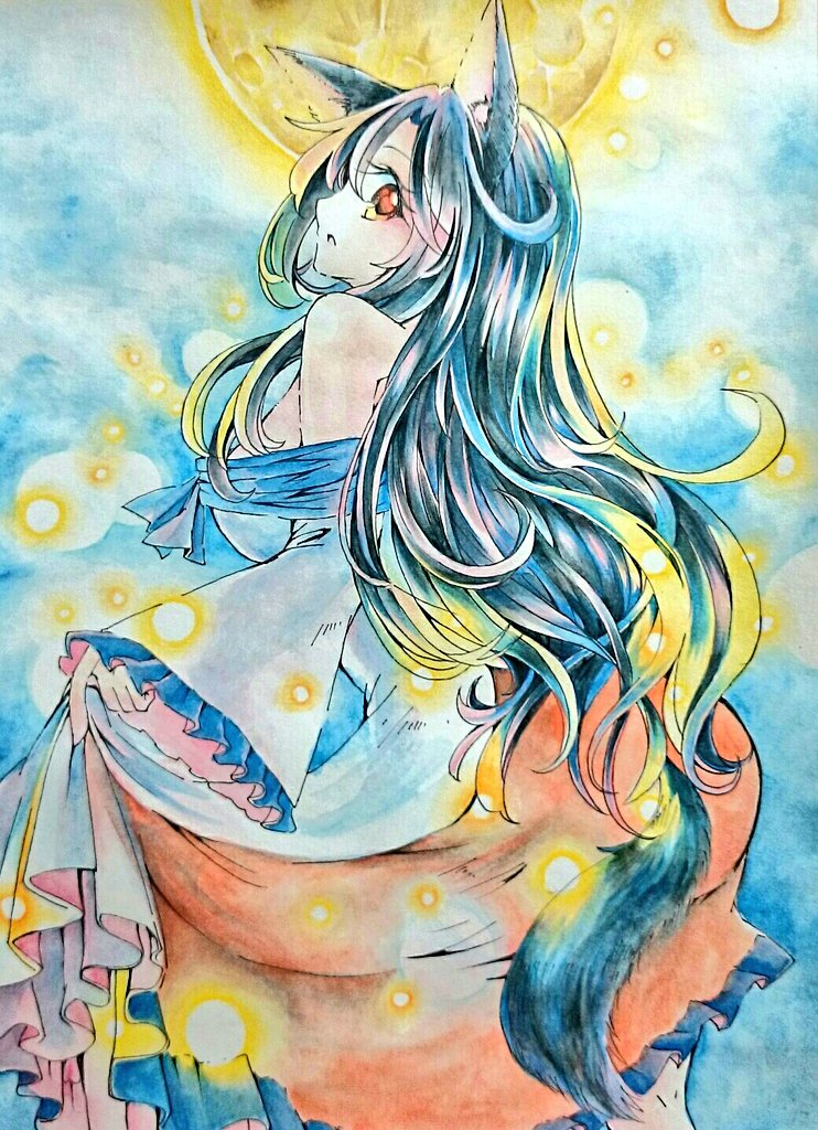 animal_ears, bare_shoulders, black_hair, chaka3464, dress, dress_lift, frilled_dress, frills