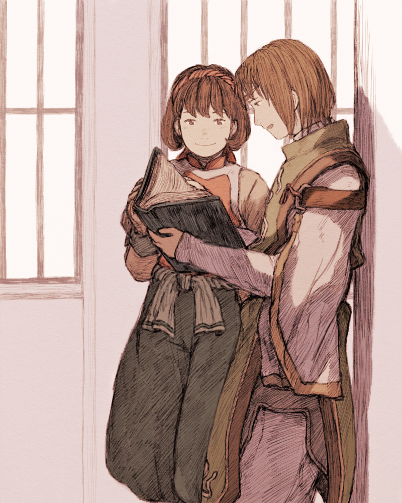 1boy, 1girl, blush, book, brown_eyes, brown_hair, circlet, gensou_suikoden
