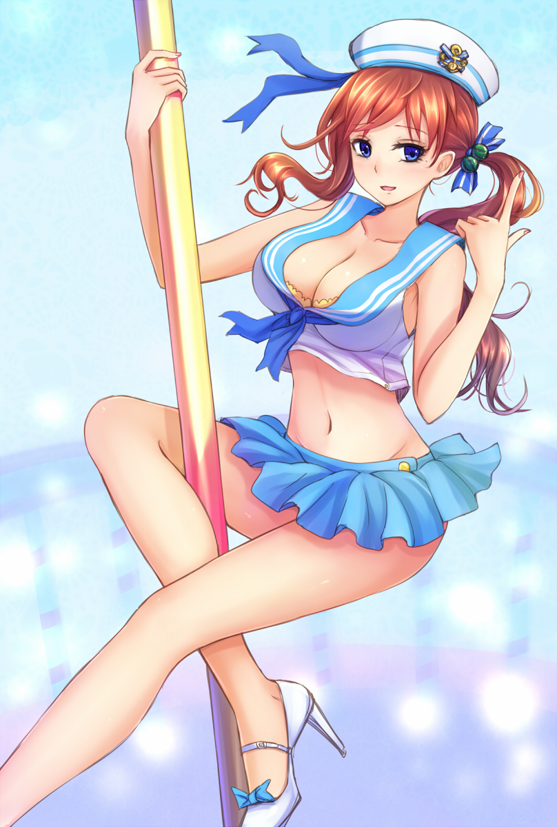 1girl, armpits, bangs, bare_arms, bare_shoulders, blue_eyes, blue_skirt, blush