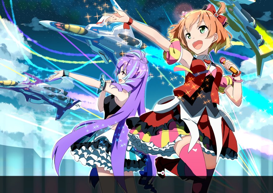2girls, :d, aircraft, airplane, bangs, blonde_hair, blue_hair, bow, clouds, cloudy_sky, collared_shirt, commentary, detached_sleeves, drill_hair, fighter_jet, freyja_wion, frilled_skirt, frills, gochou_(atemonai_heya), green_eyes, hair_bow, hair_ornament, heart_hair_ornament, highlights, holding_microphone, idol, jet, knee_up, long_hair, macross, macross_delta, microphone, mikumo_guynemer, military, military_vehicle, multicolored_hair, multiple_girls, necktie, open_mouth, orange_hair, outstretched_arm, pink_legwear, puffy_sleeves, purple_hair, red_bow, shirt, short_hair, short_sleeves, skirt, sky, smile, standing, star_(sky), starry_sky, striped, striped_skirt, thigh-highs, vest, vf-31, vf-31_siegfried, vf-31c, vf-31j, violet_eyes, white_shirt, yellow_necktie