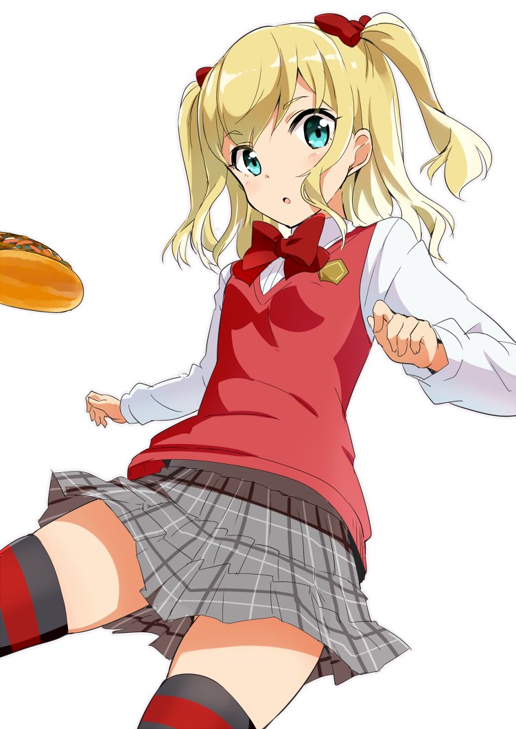 1girl, aqua_eyes, bangs, blonde_hair, blush, bow, bowtie, breasts