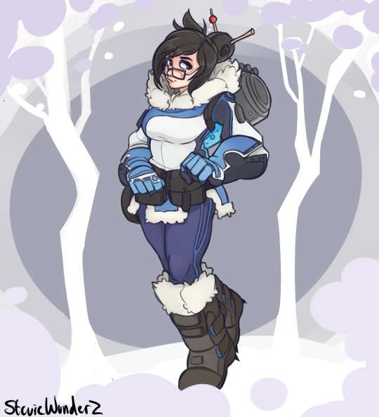 breasts, glasses, mei_(overwatch), nachonachoz, overwatch, simple_background, thick_thighs, thighs