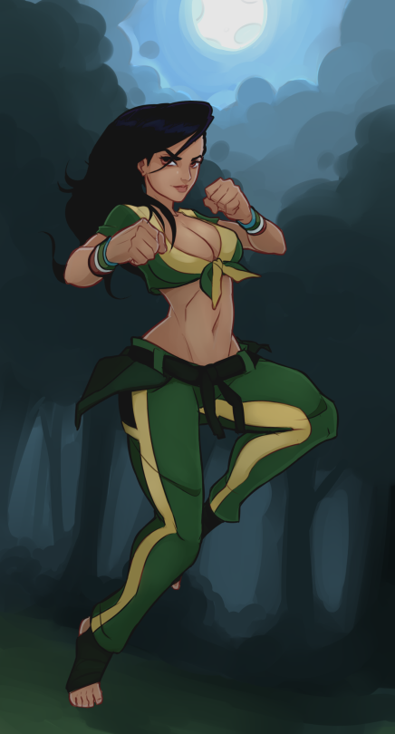 black_hair, breasts, clenched_hands, green_legwear, laura_matsuda, midriff, nachonachoz, simple_background, street_fighter, street_fighter_v