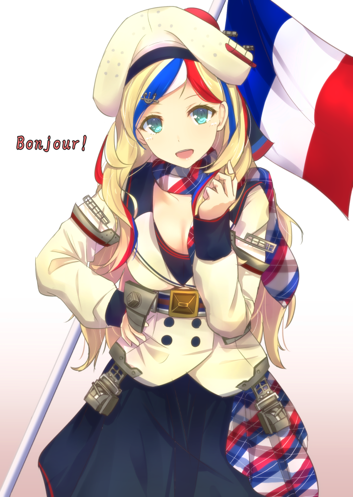 1girl, aqua_eyes, beret, blonde_hair, blue_hair, breasts, cleavage, commandant_teste_(kantai_collection)