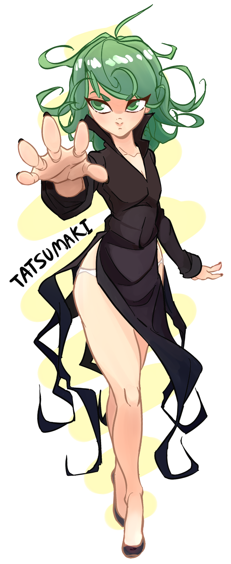 bare_legs, flat_chest, green_eyes, green_hair, highres, legs, nachonachoz, one-punch_man, outstretched_hand, panties, tatsumaki, underwear