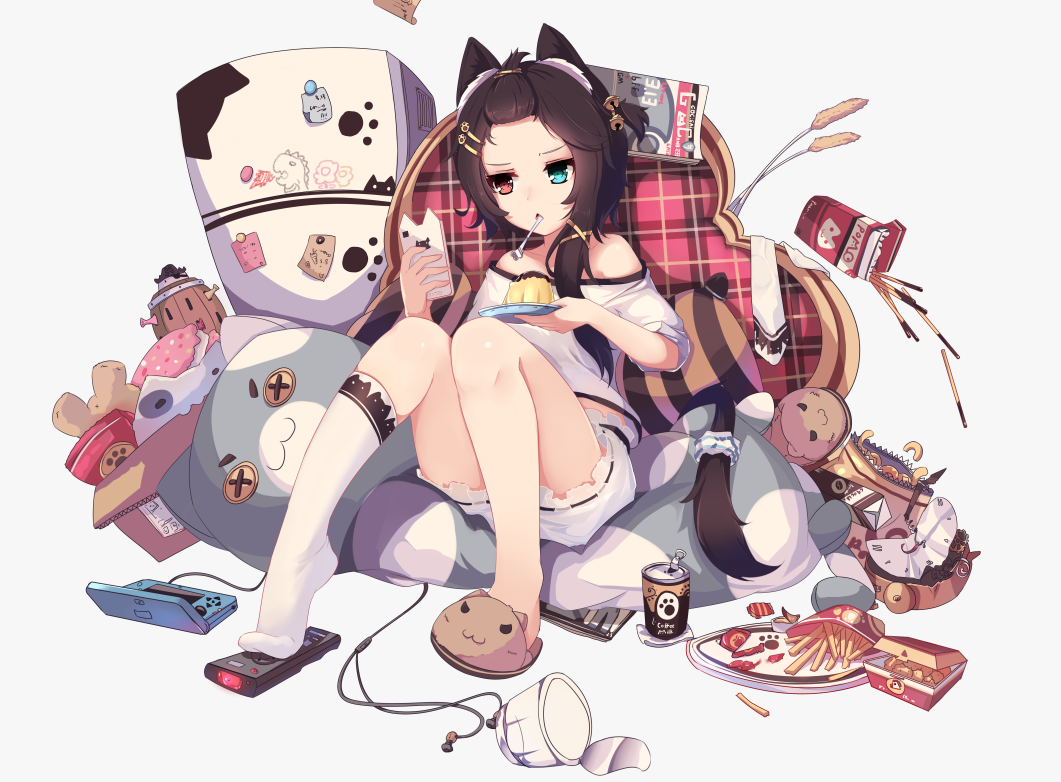 1girl, alarm_clock, animal_band, animal_ears, bangs_pinned_back, bare_shoulders, bell, black_hair
