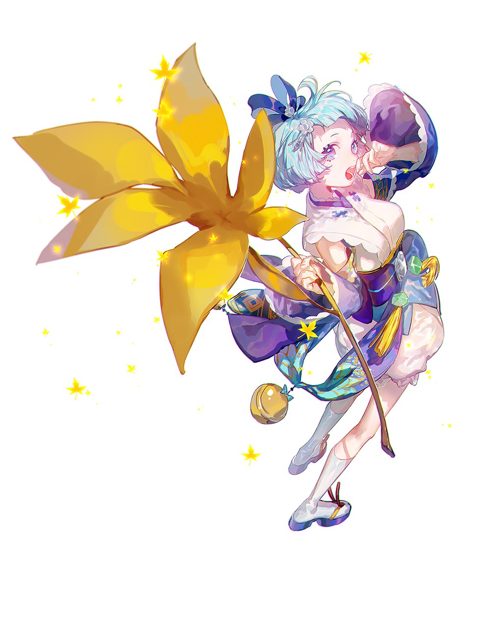 1girl, autumn_leaves, bell, bloomers, blue_eyes, blue_hair, bow, detached_sleeves