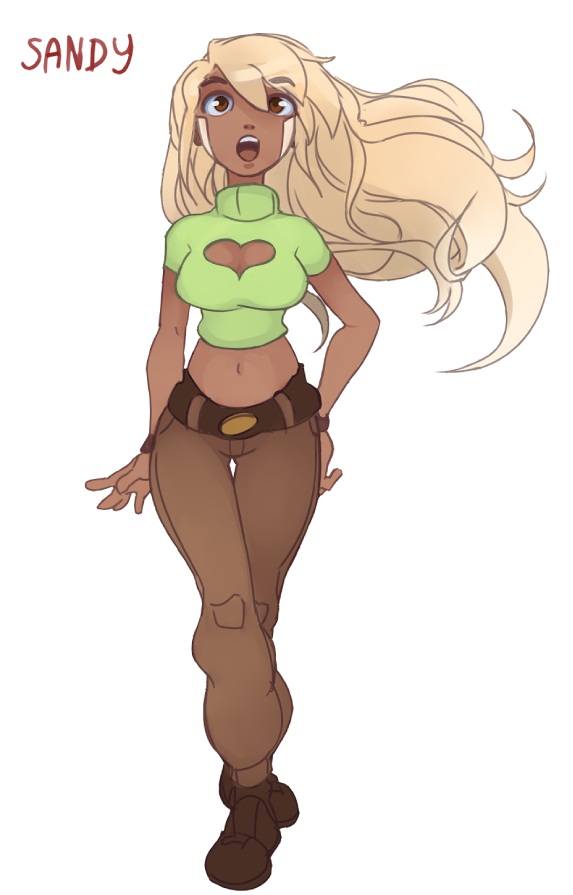 blonde_hair, breastless_clothes, dark_skin, long_hair, midriff, nachonachoz, original