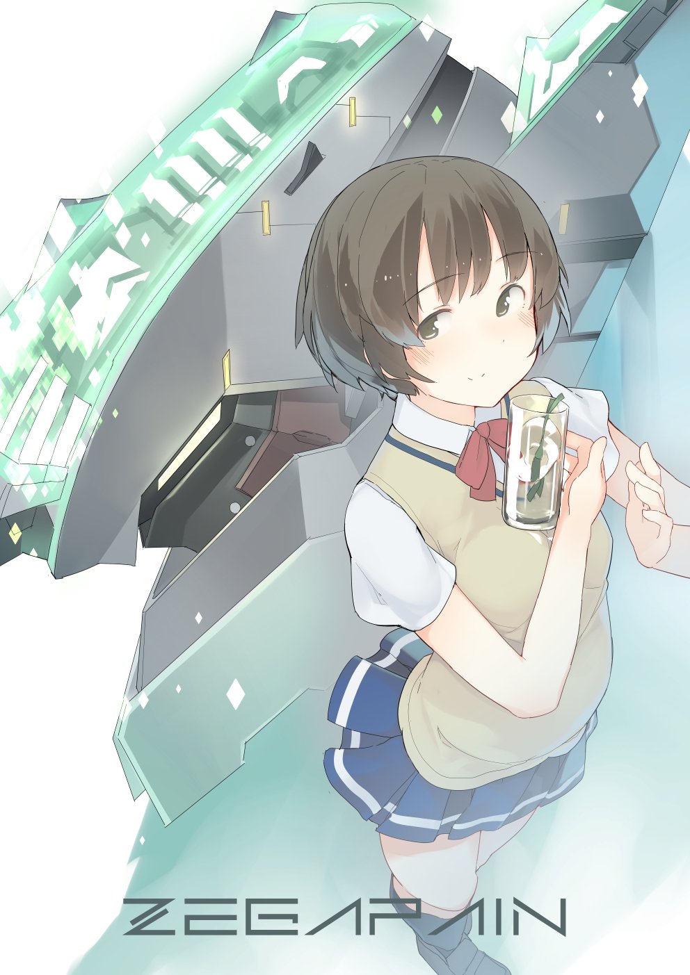 1girl, bangs, blue_legwear, blue_shoes, blue_skirt, blush, bow, bowtie, breasts, brown_eyes, brown_hair, closed_mouth, collared_shirt, copyright_name, eyebrows, eyebrows_visible_through_hair, full_body, fuu_fuu, highres, kaminagi_ryouko, kneehighs, loafers, looking_at_viewer, medium_breasts, pleated_skirt, red_bow, red_bowtie, school_uniform, shirt, shoes, short_hair, short_sleeves, skirt, sleeveless, smile, solo, standing, sweater_vest, white_shirt, zegapain