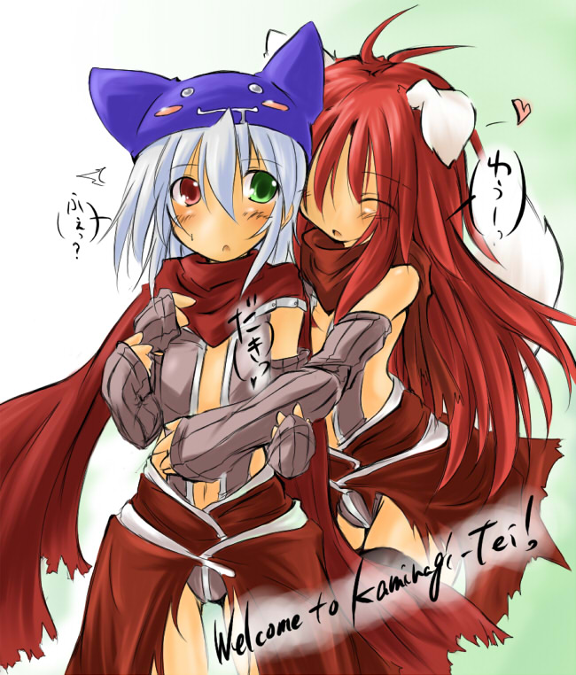 <3, assassin_cross, blush, deviruchi_hat, female, hat, heterochromia, hug