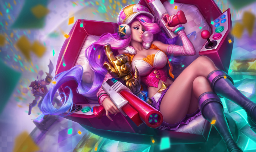 1boy, 1girl, alternate_costume, arcade_miss_fortune, bare_shoulders, black_boots, blue_eyes, blue_hair, blurry, boots, bracelet, breasts, bubble_blowing, bubblegum, bustier, character_request, cleavage, confetti, controller, d-pad, depth_of_field, detached_sleeves, dual_wielding, dutch_angle, gradient_hair, gun, hair_ornament, hat, headphones, highres, holding, holding_gun, holding_weapon, jewelry, joystick, large_breasts, league_of_legends, legs_crossed, long_hair, looking_at_viewer, michelle_hoefener, multicolored_hair, pink_hair, purple_hair, sarah_fortune, sitting, solo_focus, trophy, very_long_hair, weapon