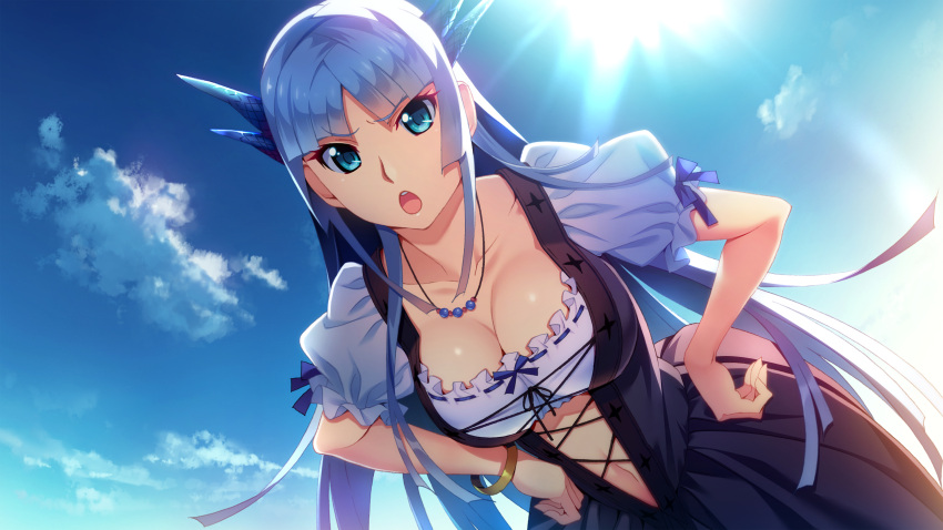 >:o, 1girl, :o, bangs, black_dress, blue_eyes, blue_hair, blue_ribbon