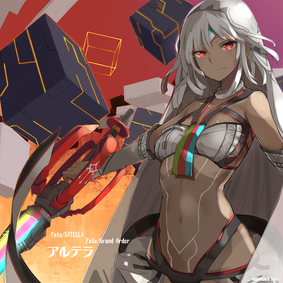 1girl, aosora_kamiya, attila_(fate/grand_order), bare_shoulders, bikini_top, breasts, closed_mouth, copyright_name