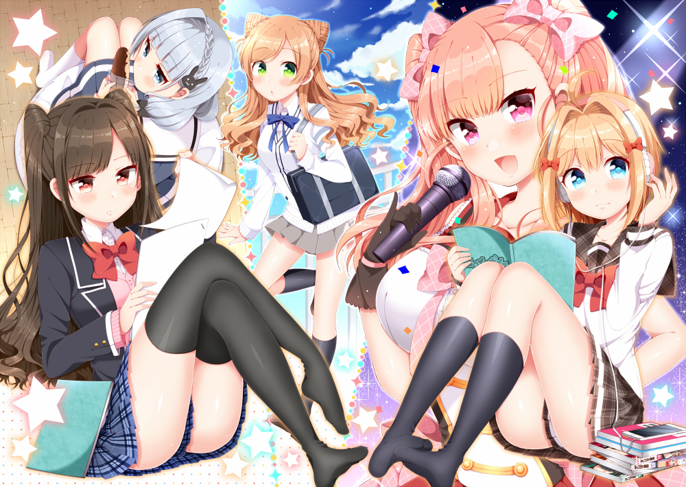 5girls, ayase_suzu, bag, black_gloves, black_hair, black_legwear, blazer, blonde_hair, blue_eyes, book, bow, brown_hair, bunny_hair_ornament, cardigan, eclair_(food), gloves, green_eyes, hair_bow, hair_ornament, headphones, heroine_voice, jacket, kneehighs, legs_crossed, long_hair, looking_at_viewer, microphone, multiple_girls, open_mouth, pink_hair, red_eyes, school_bag, school_uniform, short_hair, silver_hair, sitting, skirt, smile, star, thigh-highs, tsukudani_norio, two_side_up, violet_eyes