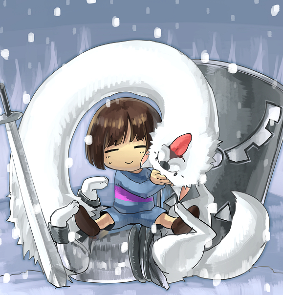 =_=, androgynous, armor, brown_hair, dog, frisk_(undertale), lesser_dog, long_neck, omutsu_(shina94), petting, shield, shirt, shorts, sitting, smile, snow, snowing, striped, striped_shirt, sword, tongue, tongue_out, undertale, weapon