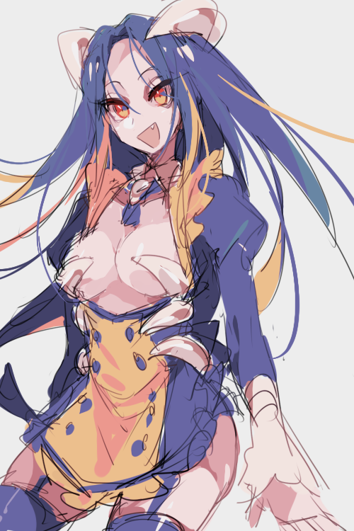 1girl, black_legwear, breasts, center_opening, dress, garter_straps, horns, houndoom