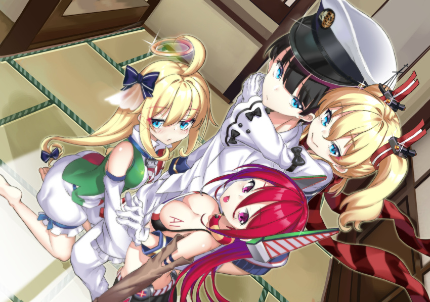 1boy, 3girls, admiral_(zhan_jian_shao_nyu), ahoge, ass, aviere_(zhan_jian_shao_nyu), back, bare_shoulders