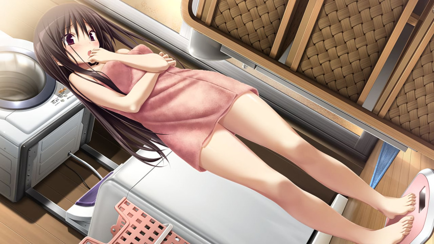 1girl, amatsutsumi, barefoot, blush, brown_hair, dutch_angle, game_cg, hand_to_own_mouth