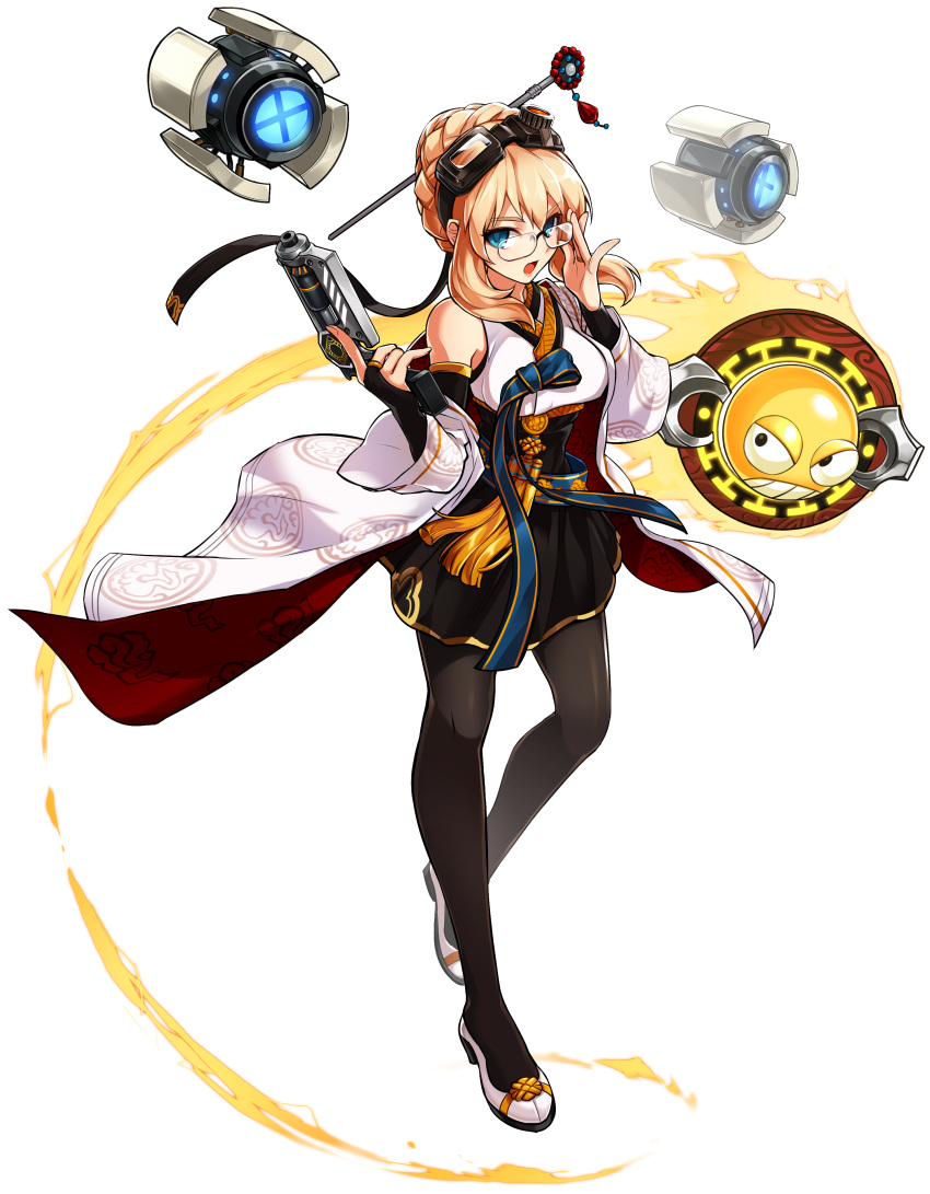 1girl, absurdres, adjusting_glasses, aqua_eyes, bare_shoulders, belt, black_skirt, blonde_hair, blue_ribbon, bridal_gauntlets, cape, clenched_teeth, detached_sleeves, dress, elsword, eyebrows, fire, flame, full_body, glasses, goggles, goggles_on_head, gun, hair_intakes, hair_net, hair_ornament, handgun, high_heels, highres, holding, holding_gun, holding_weapon, jewelry, looking_at_viewer, metal_heart_(elsword), official_art, open_mouth, pantyhose, pet, pistol, ress, ribbon, ring, robot, rose_(elsword), shoes, skirt, standing, teeth, transparent_background, weapon, wide_sleeves