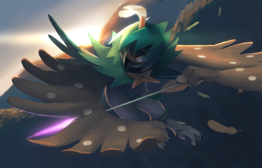 arrow, beak, bird, bow_(weapon), decidueye, feathered_wings, half-closed_eyes, looking_away