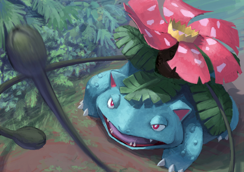 absurdres, bright_pupils, claws, dirt, flower, grass, half-closed_eyes, highres