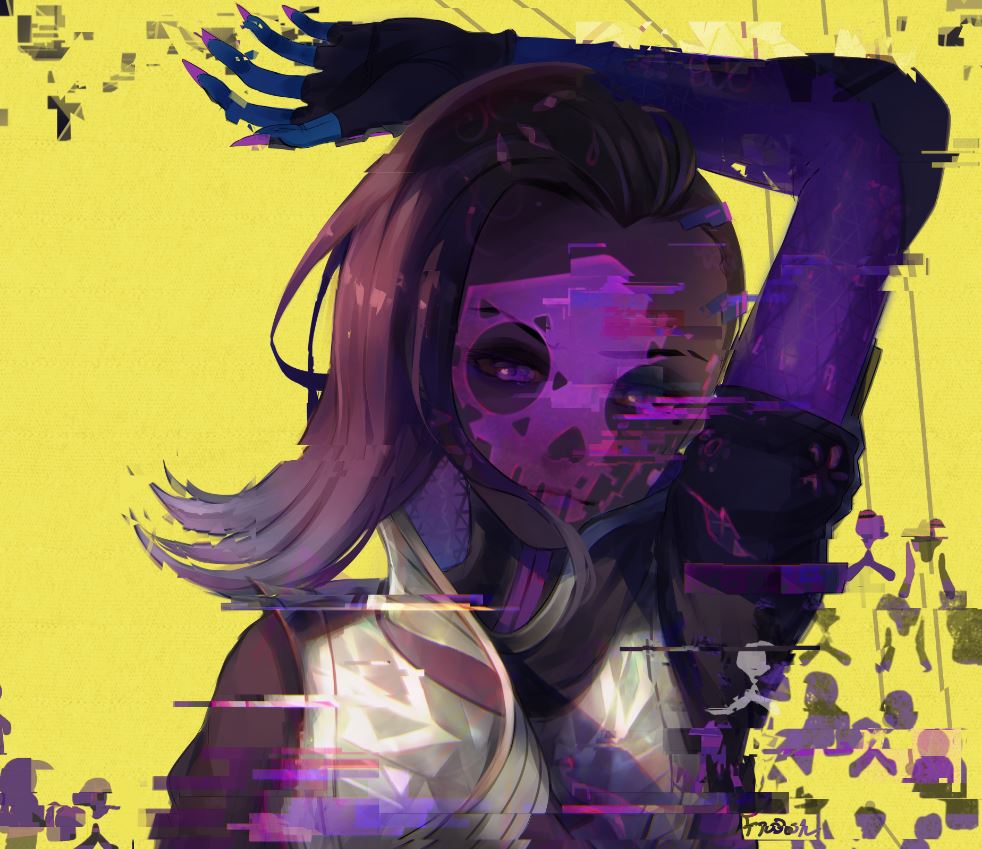 1girl, abstract_background, arm_above_head, asymmetrical_hair, closed_mouth, dark_skin, facepaint, frown_(wonderland85711), glitch, gloves, high_collar, long_hair, looking_at_viewer, makeup, multicolored_hair, overwatch, shaved, signature, sombra_(overwatch), upper_body