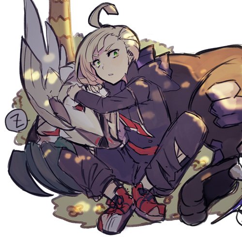 1boy, asymmetrical_hair, black_pants, blonde_hair, chimera, flower, gladio_(pokemon), green_eyes