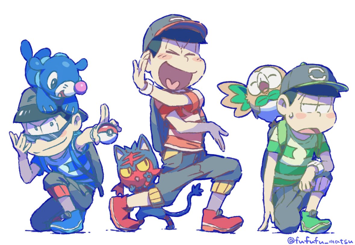 >_<, 3boys, animal, animal_on_head, animal_on_shoulder, backpack, bag, blush_stickers