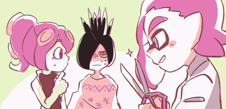 1girl, 2boys, alternate_hairstyle, cutting_hair, daunii_(splatoon), green_background, inkling, jitome, limited_palette, mohawk, multiple_boys, ningukt, octarian, poncho, scissors, sea_urchin, simple_background, sleeveless, sleeveless_turtleneck, sparkle, spiky_hair, spla2n, splatoon, sweat, takozonesu, tentacle_hair, turtleneck