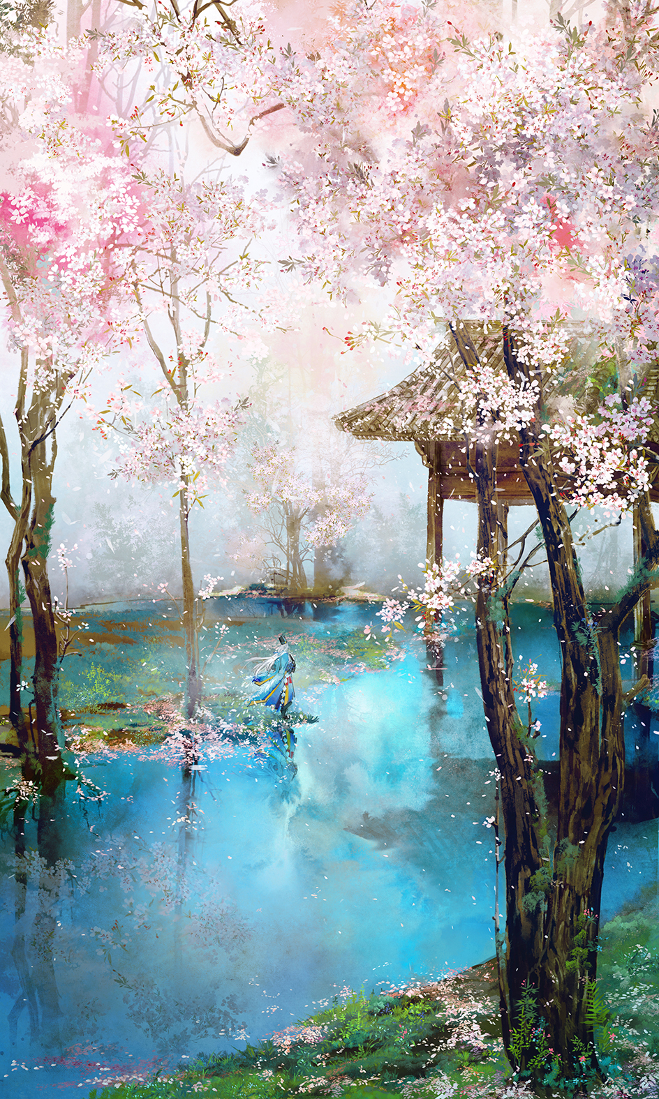 1boy, abe_no_seimei, abe_no_seimei_(onmyoji), architecture, black_hat, bud, day, diamond_(shape), east_asian_architecture, floating_hair, gate, hat, highres, japanese_clothes, lake, li_cheng, long_hair, male_focus, onmyoji, petals, pink_flower, reflection, scenery, solo, spring_(season), standing, tate_eboshi, tree, water, white_hair, wind