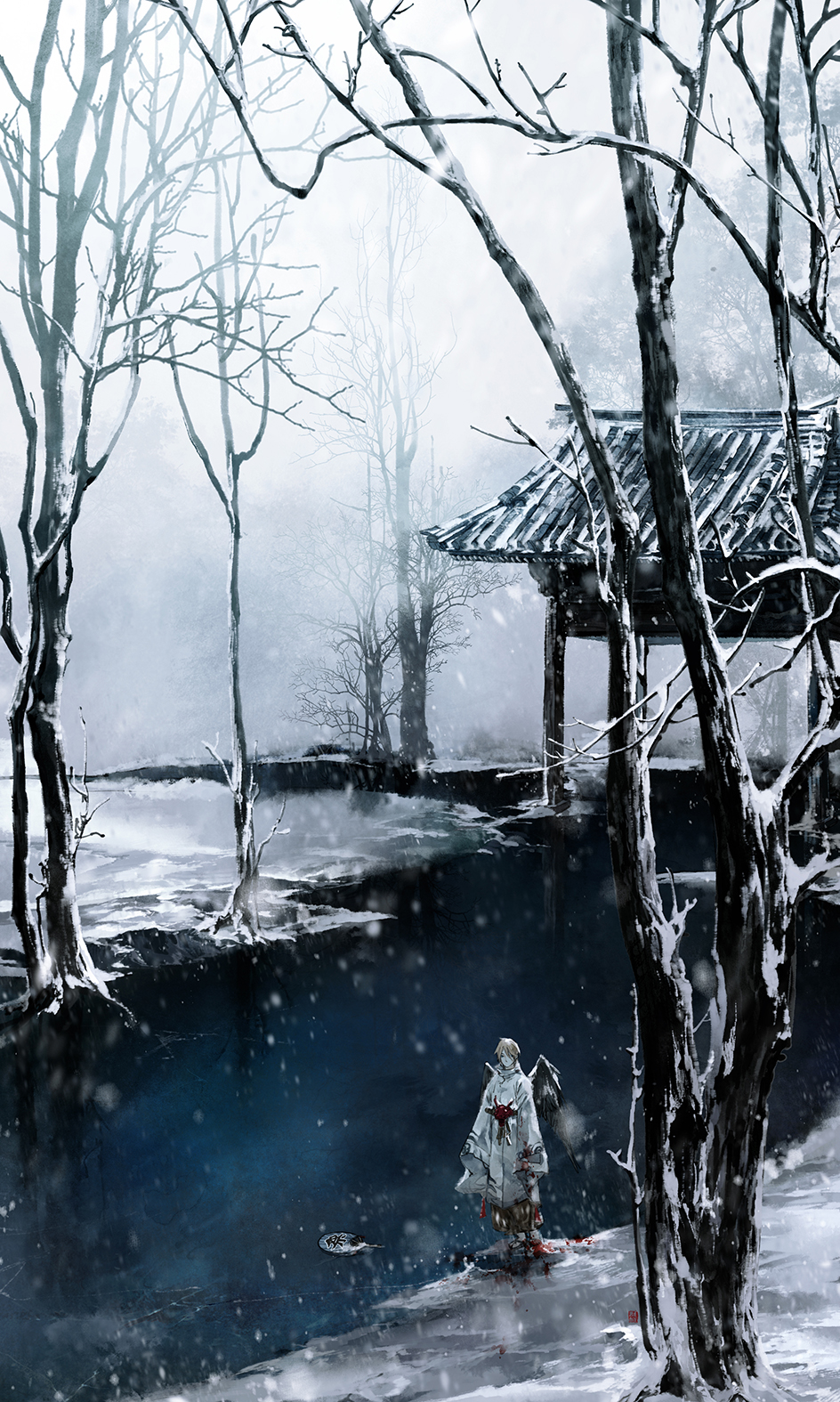 1boy, architecture, arms_at_sides, bare_tree, black_feathers, black_wings, blood, bloody_clothes, brown_hair, daitengu, east_asian_architecture, fan, feathered_wings, frozen, frozen_lake, gate, geta, hair_over_one_eye, hands_in_pockets, highres, ice, japanese_clothes, kariginu, lake, li_cheng, lonely, long_sleeves, looking_at_viewer, male_focus, mask, mask_removed, motion_blur, one_eye_covered, onmyoji, paper_fan, reflection, rock, sash, scenery, snow, snowing, solo, standing, tengu, tengu_mask, tree, uchiwa, white_legwear, wide_sleeves, wings, winter