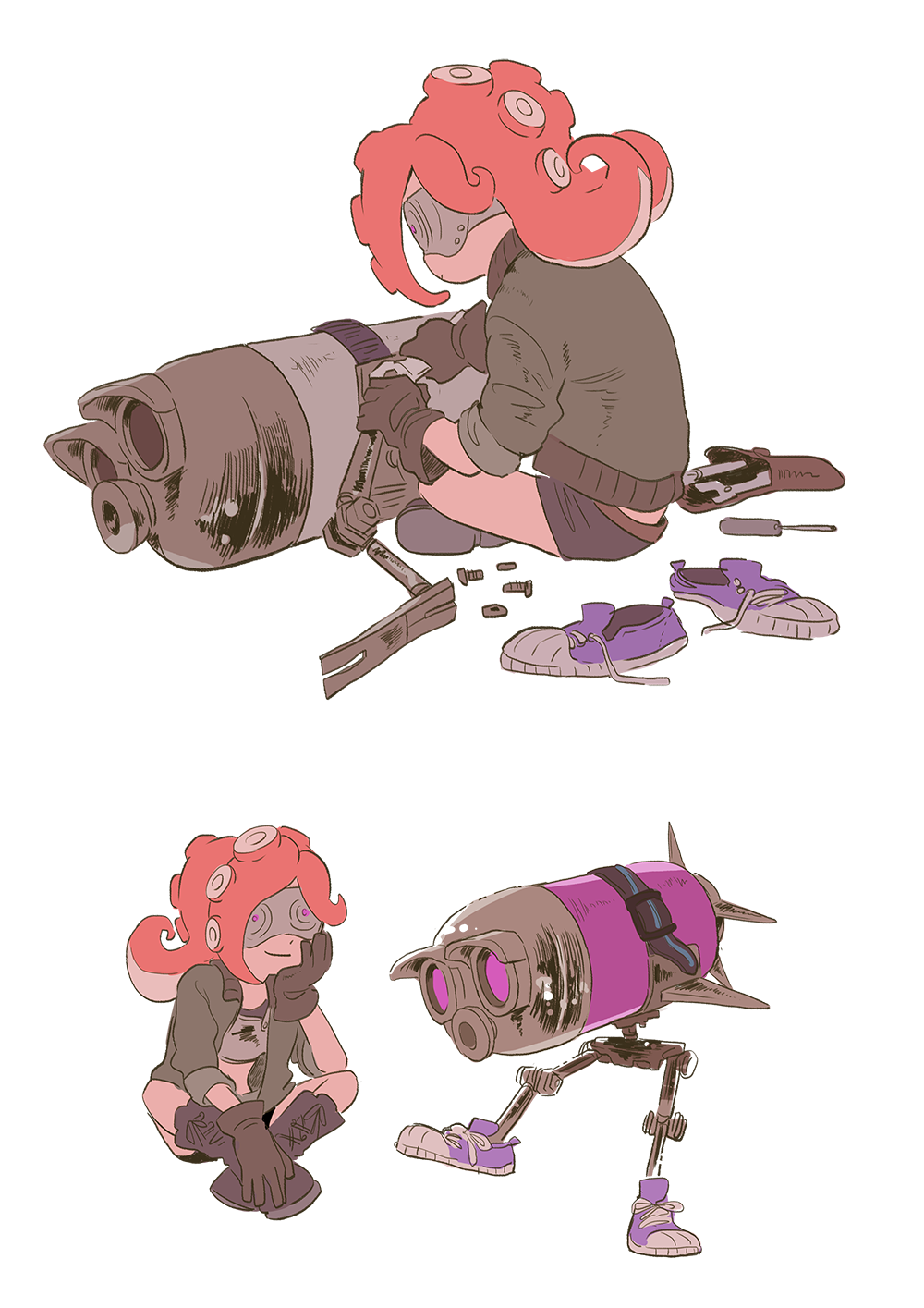 1girl, bomber_jacket, boots, breastplate, brown_gloves, chin_rest, comic, female