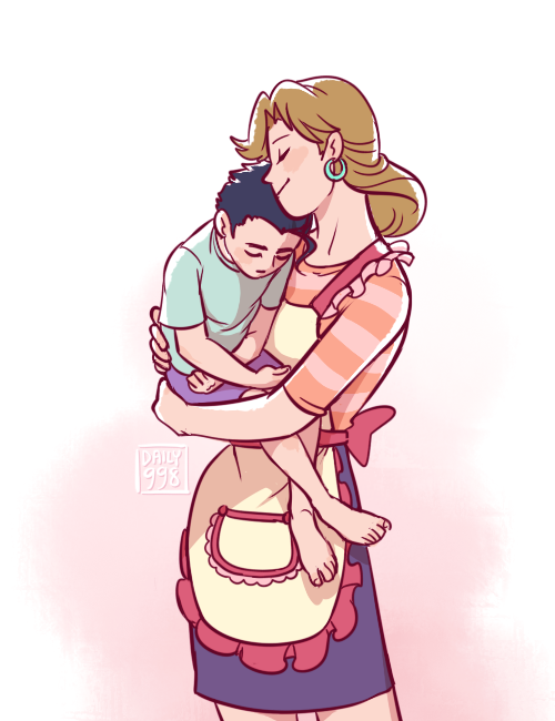 1boy, 1girl, apron, barefoot, black_hair, brown_hair, carrying, child, closed_eyes, earrings, jewelry, jojo_no_kimyou_na_bouken, juicy_fruit_(dailyjojoba), kuujou_holly, kuujou_joutarou, mother_and_son, motherly, purple_skirt, shirt, shorts, skirt, sleeping, smile, striped, striped_shirt, t-shirt, watermark, younger