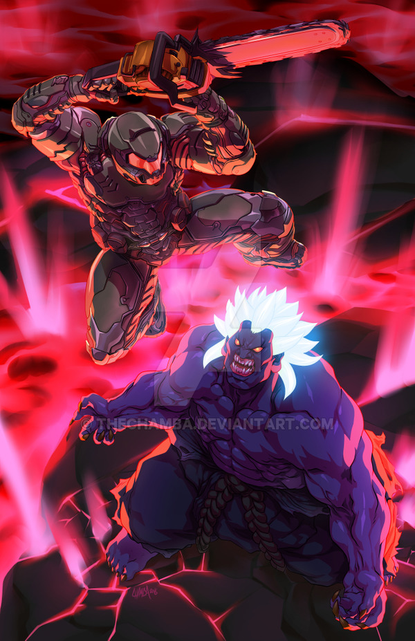 2boys, armor, battle, blue_skin, chainsaw, crossover, doom_(game), doomguy