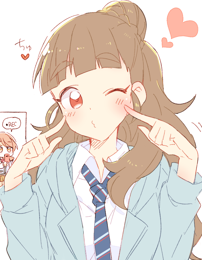 2girls, brown_eyes, brown_hair, cellphone, cheek_poking, female, heart, houjou_karen, idolmaster, idolmaster_cinderella_girls, kamiya_nao, long_hair, looking_at_viewer, multiple_girls, necktie, o3o, one_eye_closed, phone, poking, poking_self, puckered_lips, recording, red_eyes, school_uniform, six_(fnrptal1010), sketch, smartphone, striped, striped_necktie, uniform, upper_body, white_background