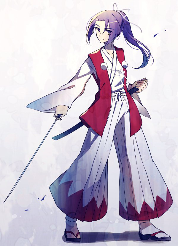 1girl, hair_ribbon, hakama, japanese_clothes, kaede_(mmkeyy), katana, meira, pom_pom_(clothes)