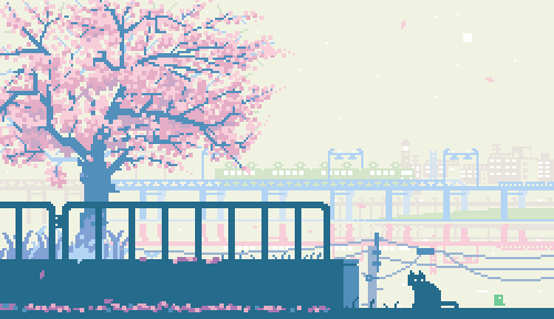animated, animated_gif, bird, bridge, cat, cherry_blossoms, city, cityscape, falling_petals, fence, grass, ground_vehicle, lowres, no_humans, original, outdoors, petals, pixel_art, power_lines, reflection, ripples, spring, spring_(season), telephone_pole, toyoi_yuuta, train, tree, water