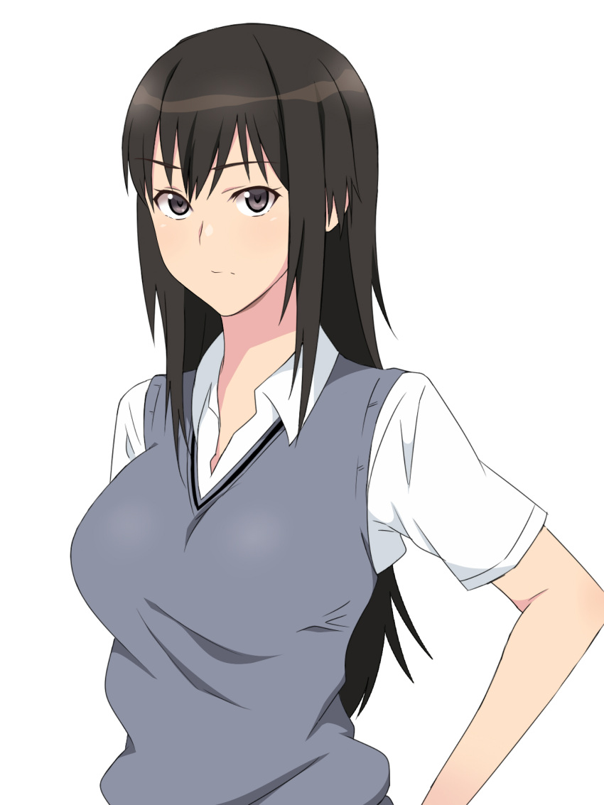 1girl, :/, breasts, brown_eyes, brown_hair, cardigan, highres, kagemusha