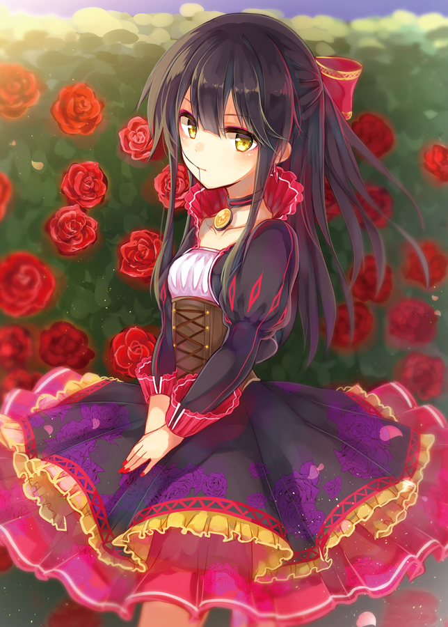 1girl, black_hair, brooch, choker, collarbone, expressionless, flower, frilled_skirt