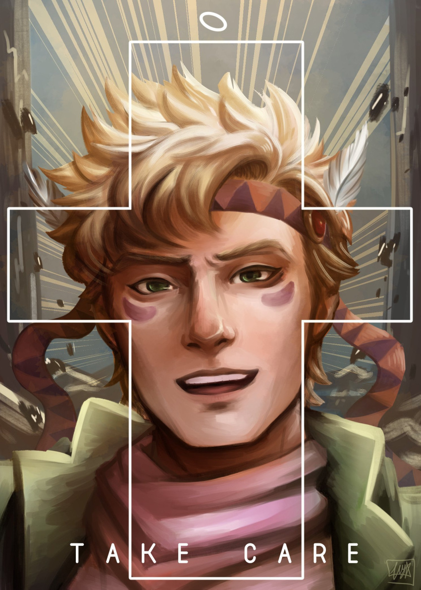 1boy, blonde_hair, caesar_anthonio_zeppeli, cross, face, facial_mark, green_eyes, headband