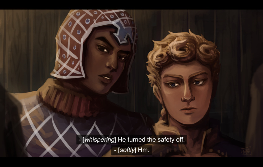 2boys, alternate_skin_color, black_eyes, blonde_hair, blue_eyes, braid, dark_skin, dark_skinned_male, giorno_giovanna, guido_mista, hat, jojo_no_kimyou_na_bouken, letterboxed, male_focus, multiple_boys, single_braid, subtitled, turtleneck, wooden_wall, wystars