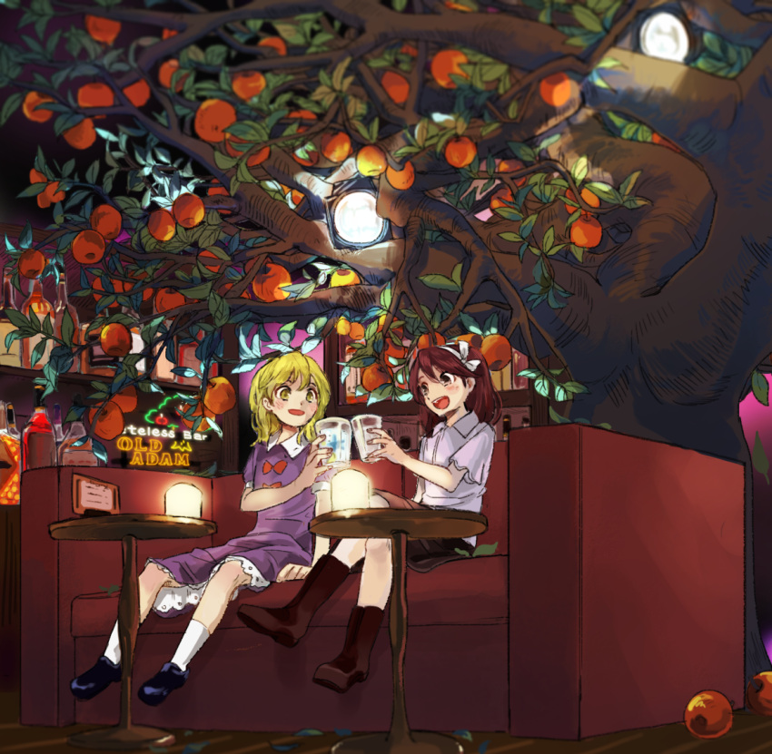 2girls, :d, apple, bar, black_shoes, blonde_hair, boots, bottle, brown_boots, brown_eyes, brown_hair, collared_shirt, couch, cup, dateless_bar_"old_adam", dress, drink, drinking_glass, floodlights, food, fruit, glass, hairband, hawai-tari, holding_glass, indoors, legs_crossed, maribel_hearn, multiple_girls, neon_lights, no_hat, no_headwear, on_couch, open_mouth, purple_dress, shelf, shirt, shoes, short_hair, short_sleeves, skirt, smile, socks, table, touhou, tree, usami_renko, white_hairband, white_legwear, white_shirt, yellow_eyes